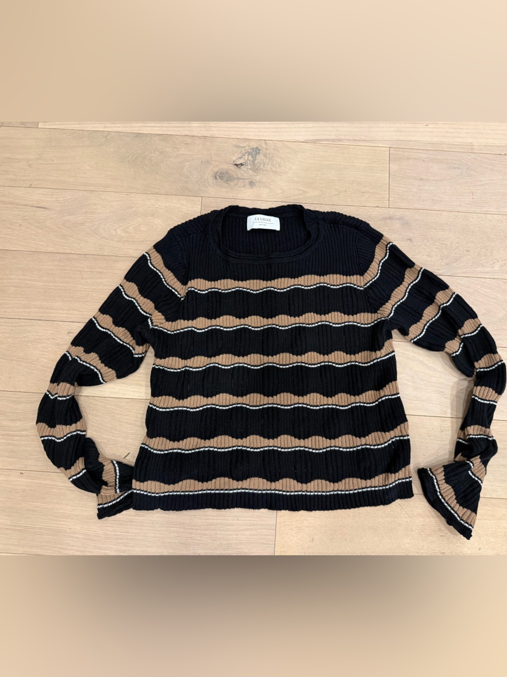 La Ligne Black, Tan and White Striped Ribbed Crewneck Sweater